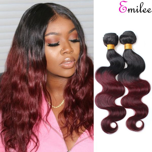 

emilee pre-colored body wave human hair with lace closure 4*4 tb/99j ombre color remy hair bundles extensions, Black