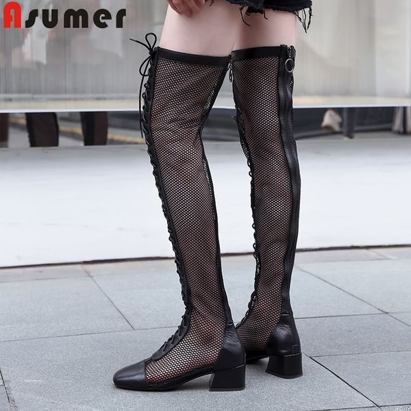 

asumer big size 34-43 fashion over the knee boots women square toe mesh cross tied genuine leather boots women summer shoes, Black