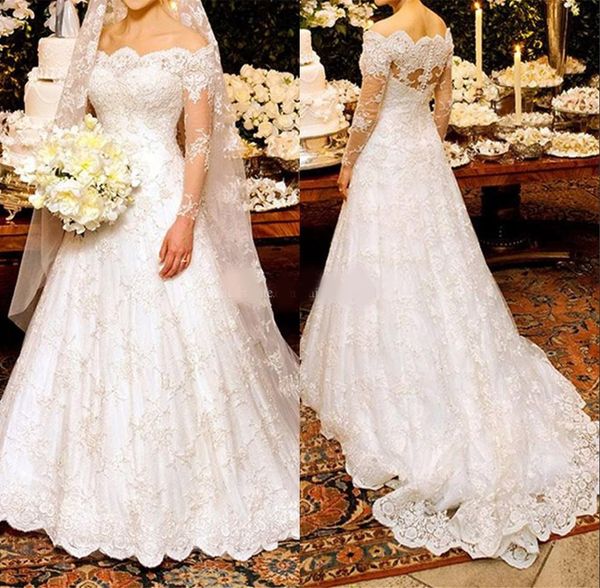 

latest fashion a-line white lace long sleeve bridal wedding dresses off shoulder neck buttons back wedding gowns for bride