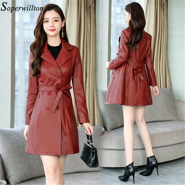 

2019 autumn women long leather jacket lady slim plus size 4xl bow belt motorcycle pu faux leather coat trench black red