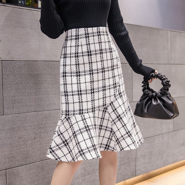 

office lady plaid fishtail skirt high waist slim white black bottom women fishtail plaid skirt winter autumn formal midi skirts