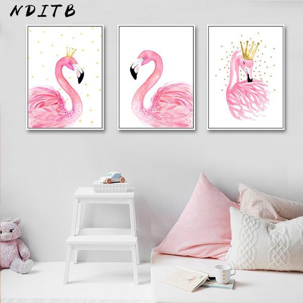 

elegant watercolor flamingo crown canvas poster and print wall art painting nordic kids decoration pictures baby bedroom decor