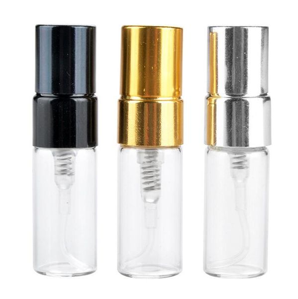

3ml travel refillable glass perfume bottle with uv sprayer cosmetic pump spray atomizer silver black gold cap lx6772