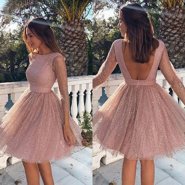 

2019 sequined short a line homecoming dresses long sleeve backless prom dress 8th grade juniors party gowns graduation dresses, Blue;pink
