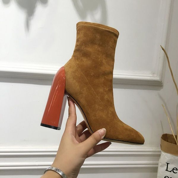 

2019 high-end skinny boots square head suede stretch short boots custom handsome thick with martin boots socks women's boot, Black