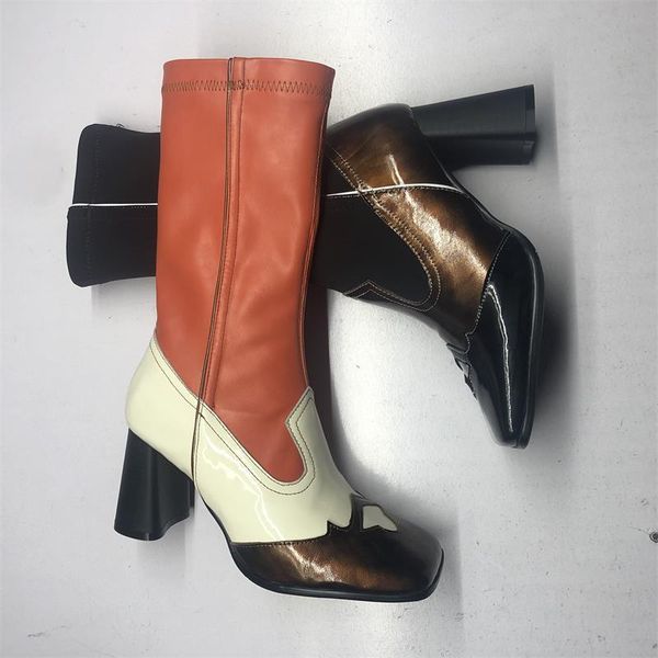

ladies mixed colors leather patchwork ankle boots chunky heels square toe boots women stretch leather bottine, Black
