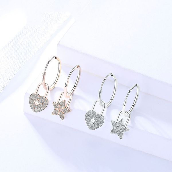 

lo paulina s925 silver charming asymmetric heart star hook earrings with zircon mother's day gift bijoux wholesale jewelry, Golden;silver