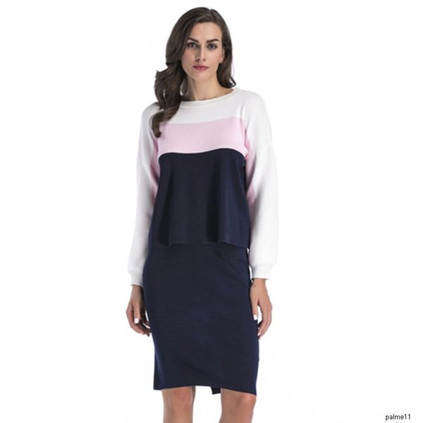 

women designer color matching long sleeve sweater hip skirt knit two-piece suith, Gray