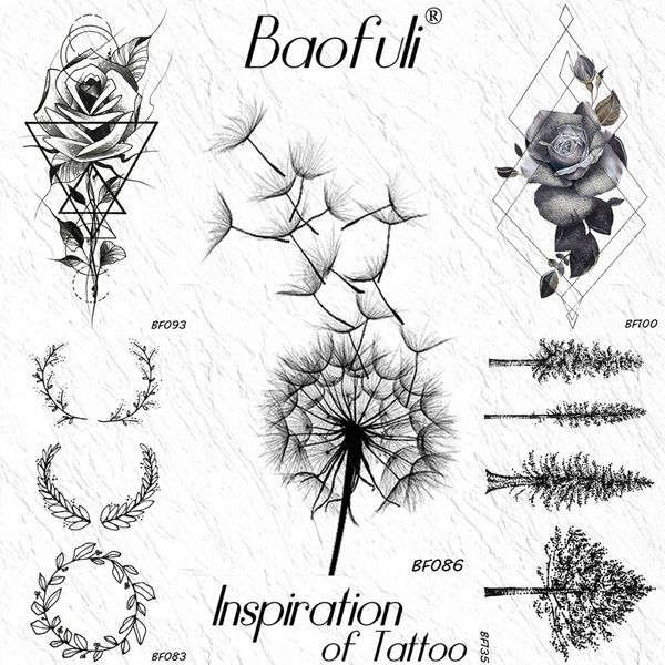 Acheter Baofuli Noir Pissenlit Tatouage Temporaire Rose Guirlande Géométrique étanche Art Tatouages Jambes Faux Tatto Femmes Filles Corps Bras De