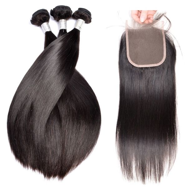

9a 100 unprocessed human hair weaves with closure silk straight brazilian peruvian remy hair bundles with closure, Black