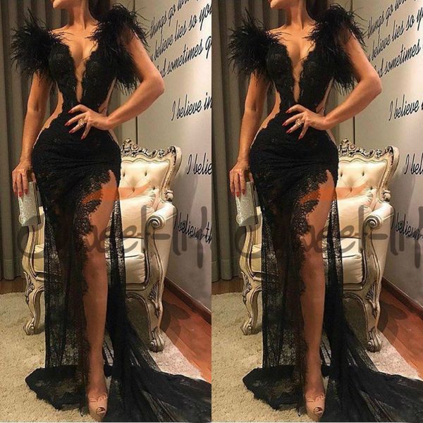 

black v neck evening dresses with feather side split floor length full lace prom gown formal pageant dress, Black;red