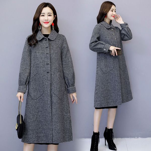 

women autumn winter coat warm wool blends coat long female plaid coats fashion jacket outwear plus size, Black