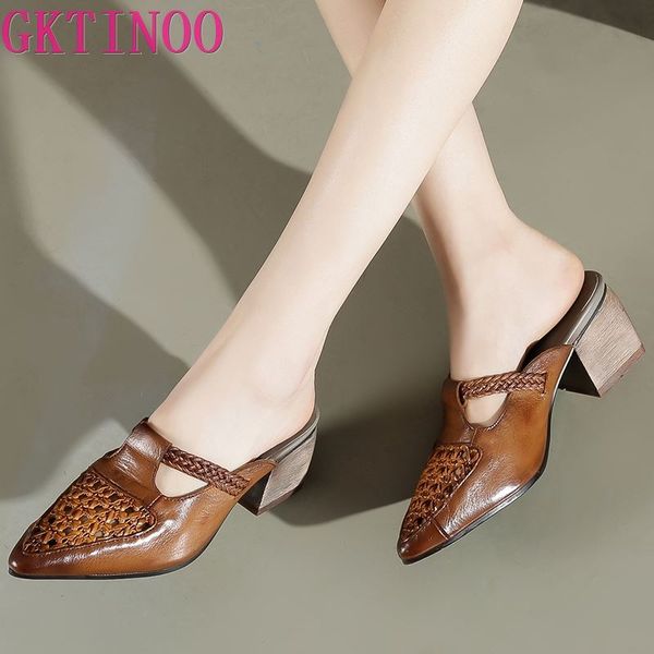 

sandals gktinoo 2021 summer hollow genuine leather slippers retro pointed toe comfort elegant high heels women, Black