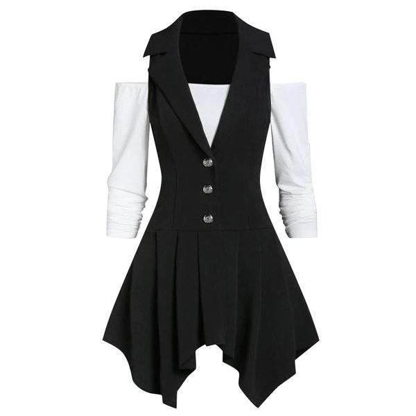 

women off the shoulder long sleeve button patchwork shirt with asymmetric solid vest streetwear casual office work jacket, Black;white