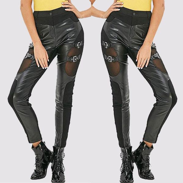 

lady punk rock metal leggings gothic lace up leggings night bar club ring cross fake leather riveet pants #n, White;red