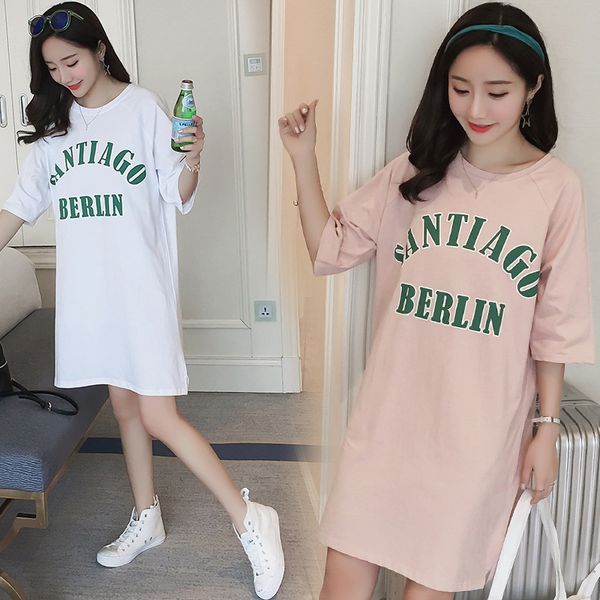 

maternity wear 2019 summer new short-sleeved letter printing t-shirt large size loose thin pregnant women dress, White