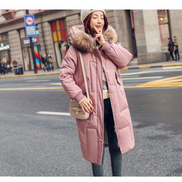 

down jacket new women winter hood coat female loose plus size long overcoat thick super warm fur collar down jacket, Black