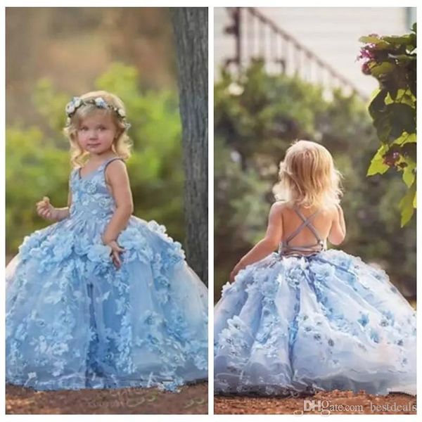 

3d floral applique flower girls dresses 2019 cross straps backless party gowns puffy tulle birthday ball gown girls pageant dress, White;blue