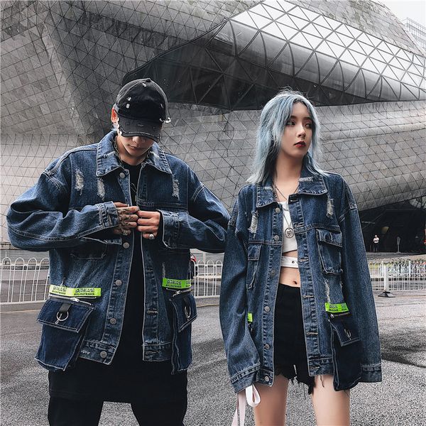 

bf wind loose denim jacket men removable stereoscopic multi pocket personality wear abrade hole casual coats, Black;brown