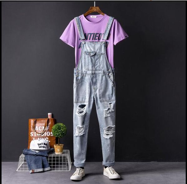 

s-5xl new europe and the united states street hole jeans men summer light work clothes suspenders pants plus size men clorhing, Blue