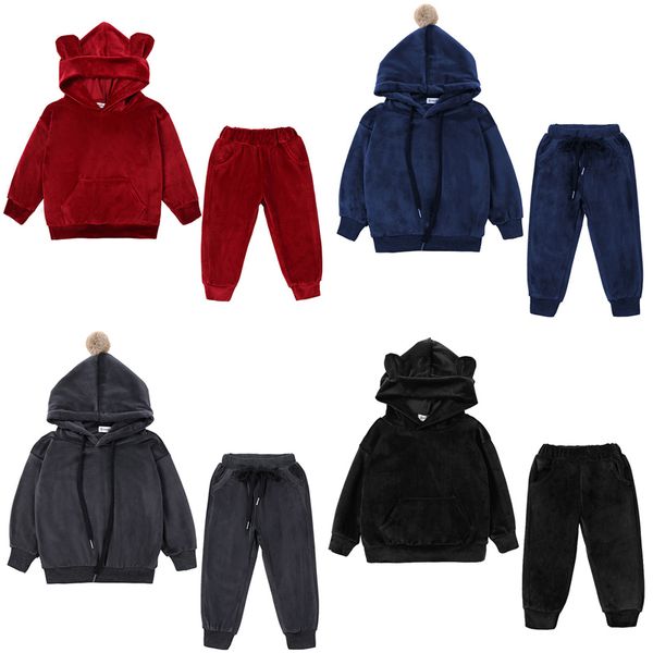 

baby winter hooded sets infant solid sweatshirt kids casual clothes toddler boys cartoon hairball hoodies kids casual elastic outfits 06, White