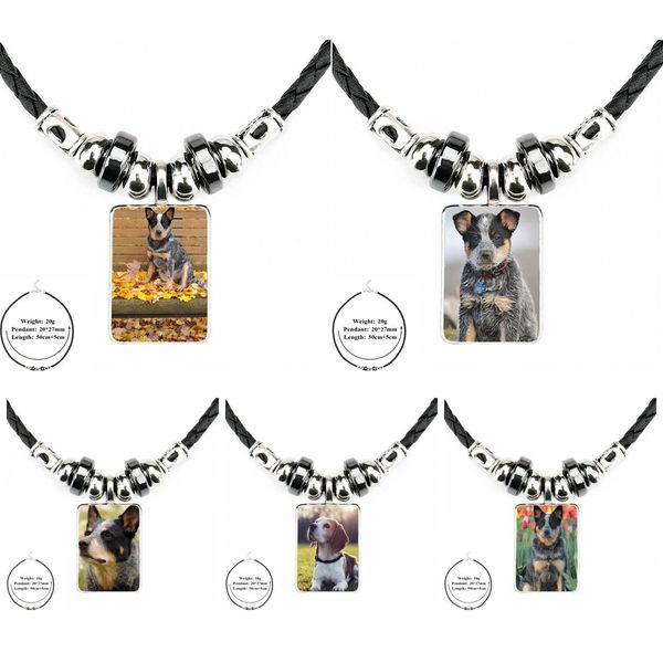 

australian cattle dog black leather bead pendant with glass cabchon choker long pendant necklace for lovers friendship, Silver