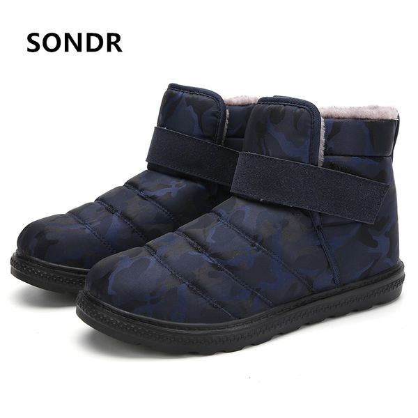 

men snow boots winter cotton shoes with fur magic sticker sneakers warm ankle boots waterproof casual shoes solid anti-skid, Black