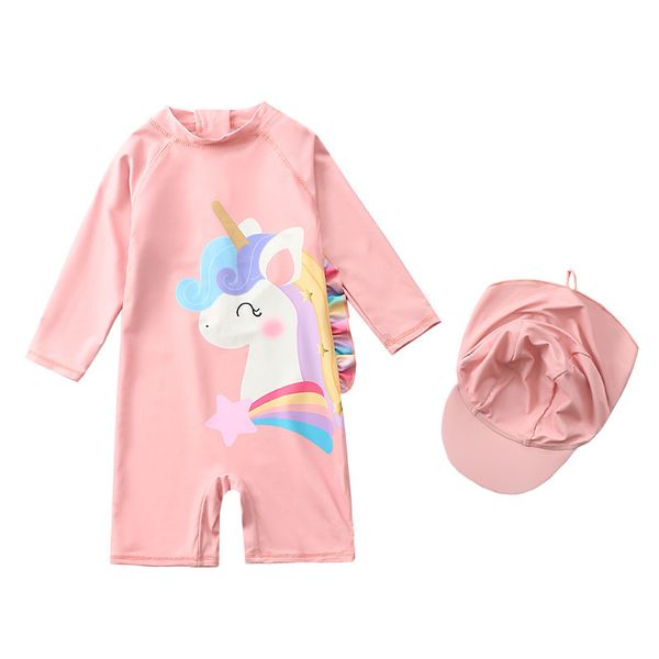 

megartico ruffle swimsuit kids pink one piece swimsuit girls unicorn swimwear with hat, White