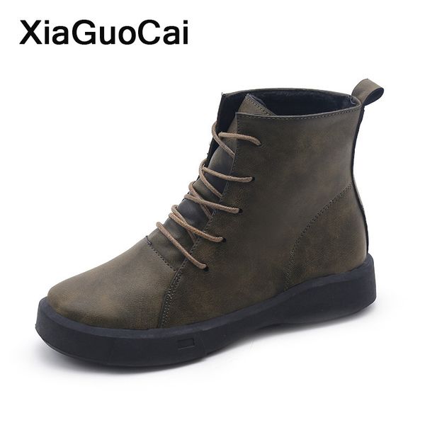 

2020 spring autumn women ankle boots british female shoes high pu leather retro woman's boots lace up mujer botas, Black