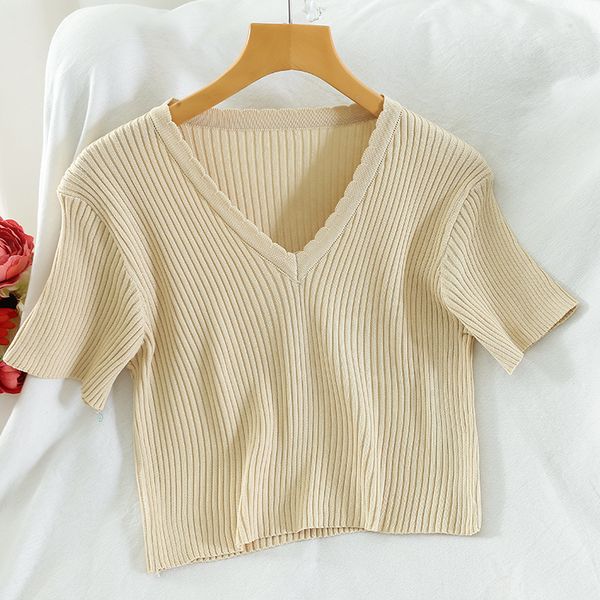 

pure color v-neck short-sleeved sweater women knitted, White;black