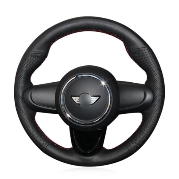 

hand sew black genuine leather car steering wheel cover for mini coupe 2016
