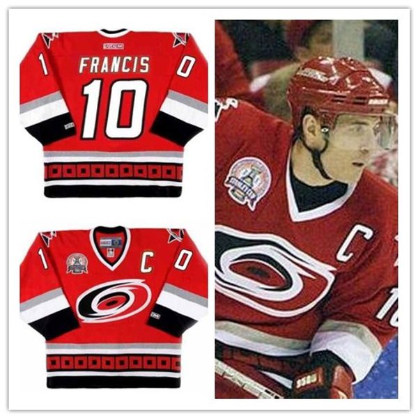 

men's 10 ron francis carolina hurricanes 2002 ccm away vintage ice hockey stitched red jersey size xs-5xl, Black;red