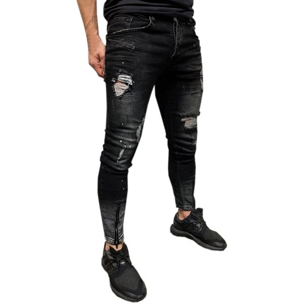 

men's skinny stretch jeans hole ripped frayed slim jeans trousers foot zipper stretch foot retro pants denim male plus size 5.29, Blue