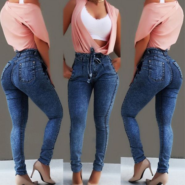 

women elastic waist denim jeans casual high waist pants female thin skinny pencil jeans stretchy plus size, Blue