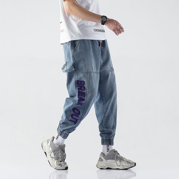 

men's jeans streetwear blue pants 2021 mens pockets hip hop overalls cargo male loose fashion denim harem mid waist