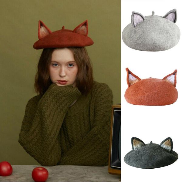 

women girl ear felt beret cap cute warm painter hat retro for autumn winter eig88, Blue;gray