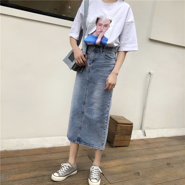

blue long straight jeans female bust
