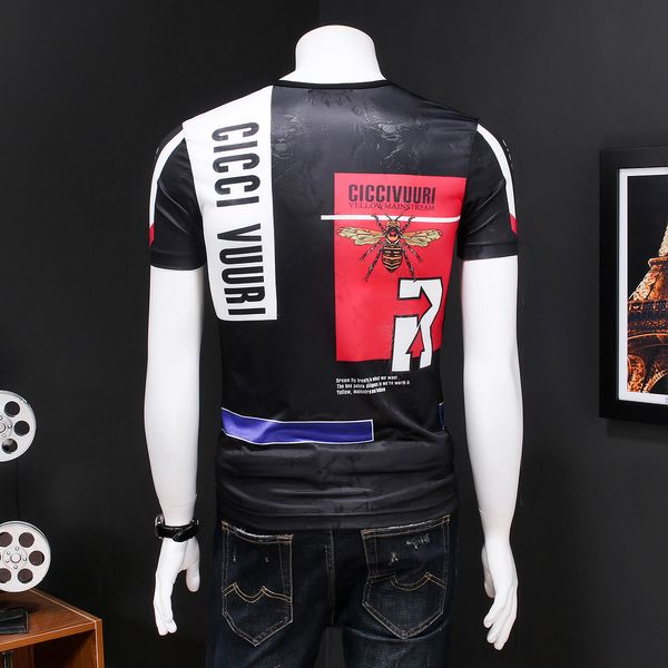 

men's 2020 summer new bee letter print short sleeve t-shirt korean round neck ice silk youth casual bottoming shirt, White;black