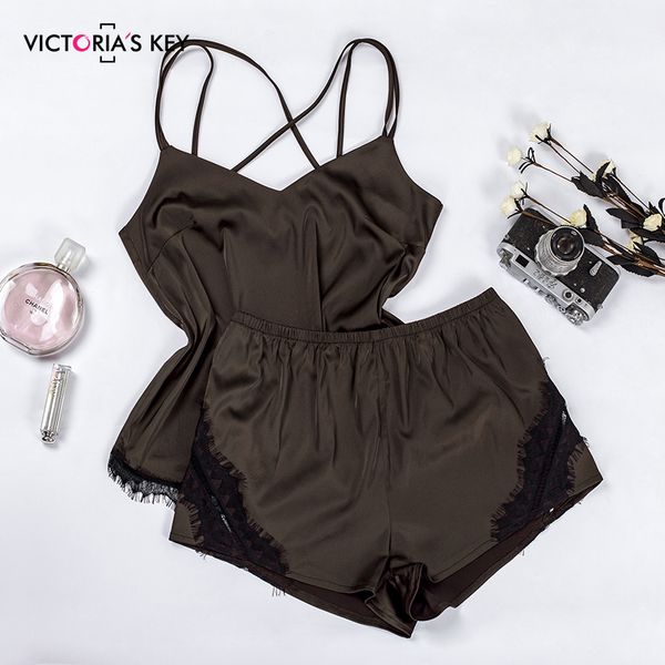 

victoria's key brown satin crop cami shorts lace sleeveless spaghetti strap women pajama set summer sleepwear female, Black;red