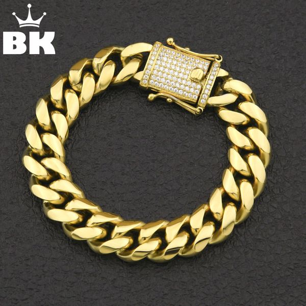 

12mm/14mm cz stainless steel curb cuban link bracelet gold silver plated hiphop micro paved cz mens miami bangle 7inch/8inch, Black