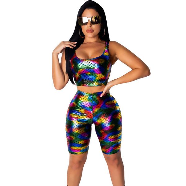 

кожа pu рыбья чешуя двухкусочный наборы женщины без рукавов tank crop top и гольфы брюки sexy club wear matching set наряды, White