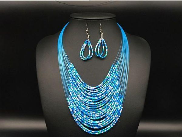 

fashion vintage jewelry sets joker bohemian multilayer colorful africa beads statement necklace earrings set kx, Silver