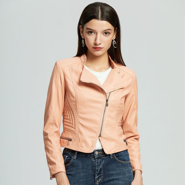 

solid short women faux leather jacket slim v neck winter jacket moto biker autumn zipper motorcycle pu leather coat, Black