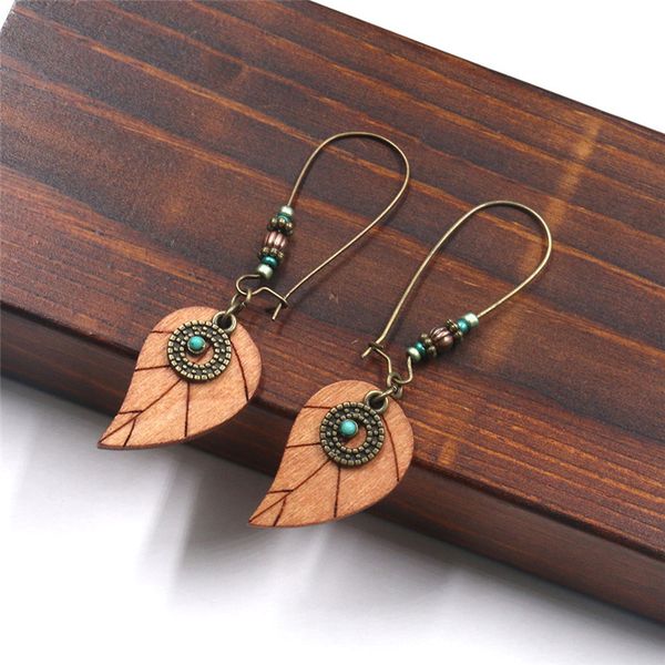 

bohemia leaf pendants wood earrings for women vintage beaded hook dangle earrings cute female boho jewelry retro gifts supply manufacturers, Silver