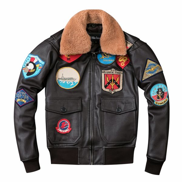 

2019 brown men gun pilot leather jacket wool collar plus size xxxl genuine cowhide winter russian aviator coat y191115, Black