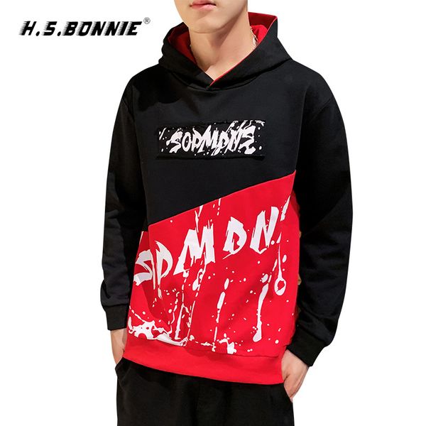 

cool mens hoodies 2019 autumn casual streetwear with hat male headwer hip hop patchwork printing pullover long sleeve sweatshirt, Black