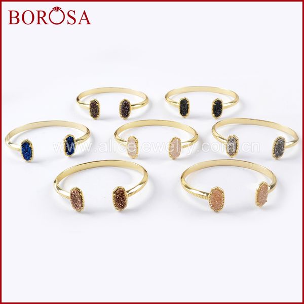 

borosa 5pcs gold color claw hexagon double rainbow titanium druzy open bangle mix colors drusy bracelet jewelry for women zg0344, Black