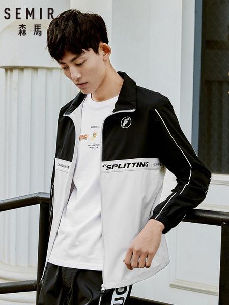 

men's jackets semir jacket men 2021 spring lapel tide contrast color stitching retro trend coat letter printing, Black;brown