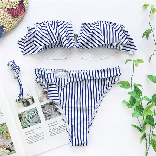 

women bikini set striped swimwear push up padded bandeau bra swimdress ruffle swimsuit bathing beachwear costumi da bagno donna, White;black