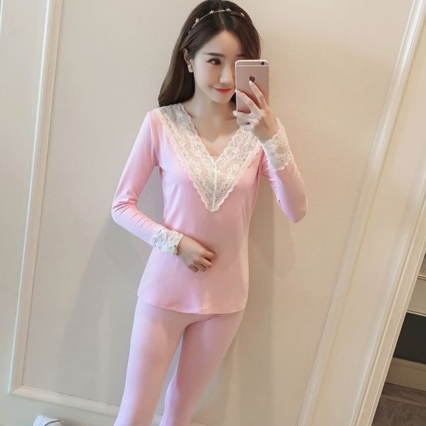 

women winter warm solid seamless pants suit lace long sleeve underwear, Blue;gray